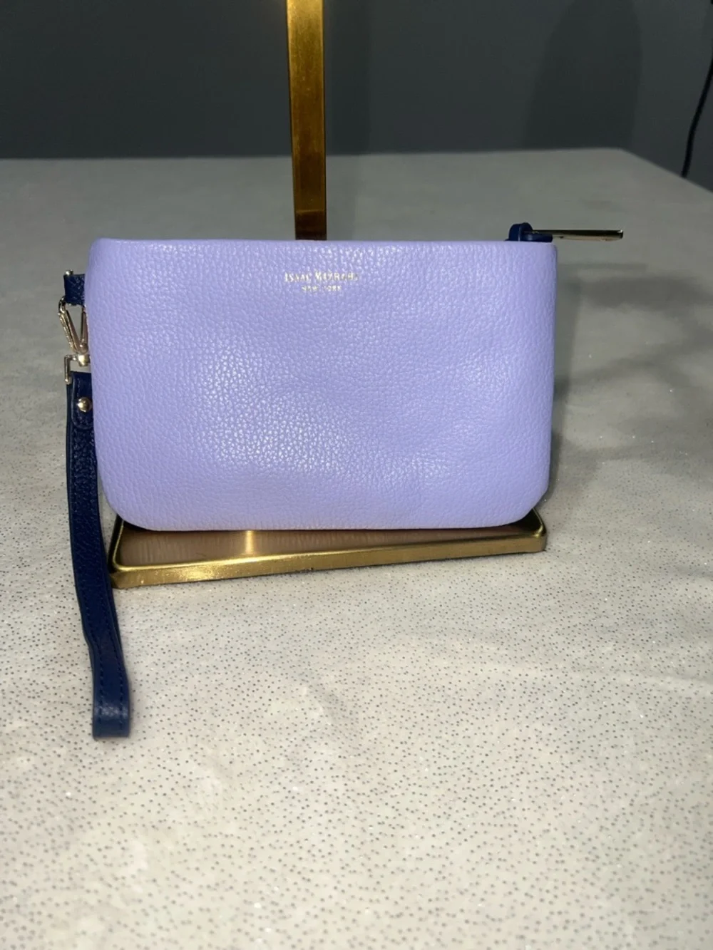 Isaac Mizrahi Lavender Leather Wristlet with Navy Blue Strap